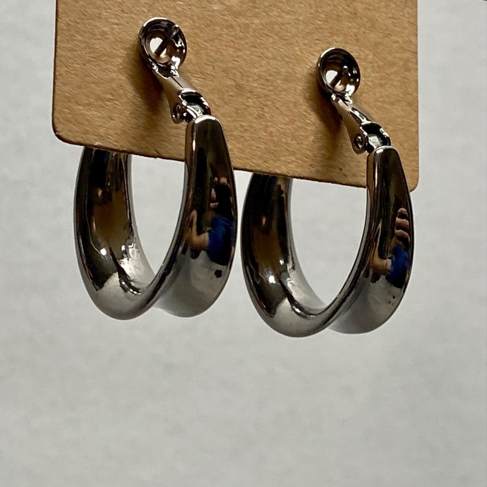 Surgical Stainless Steel 1" Hoop Earrings Heavy Silver Hinge Leverback Latch EUC View 4